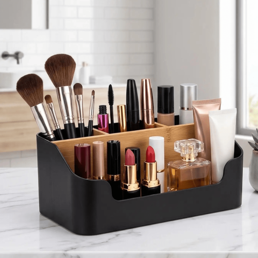 boîte à maquillage noir plastique et bambou