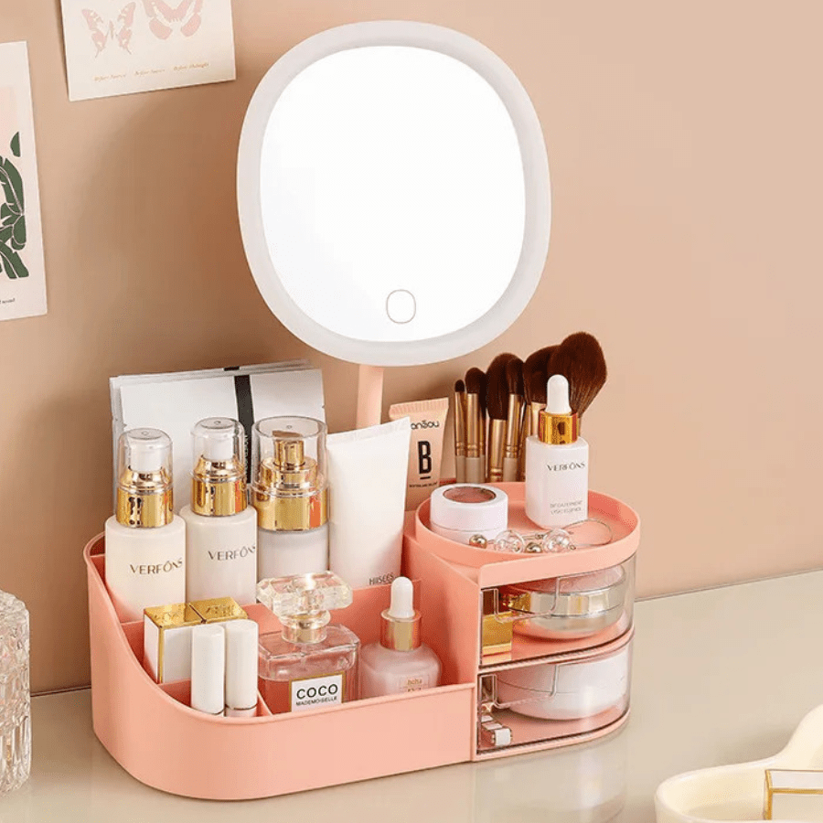 boite à rangement maquillage rose miroir led