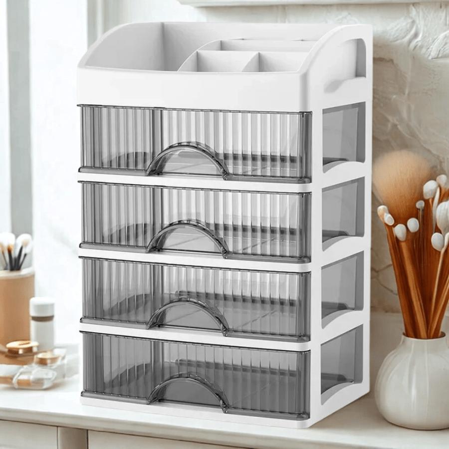 Boite à rangement maquillage blanc et tiroir transparent