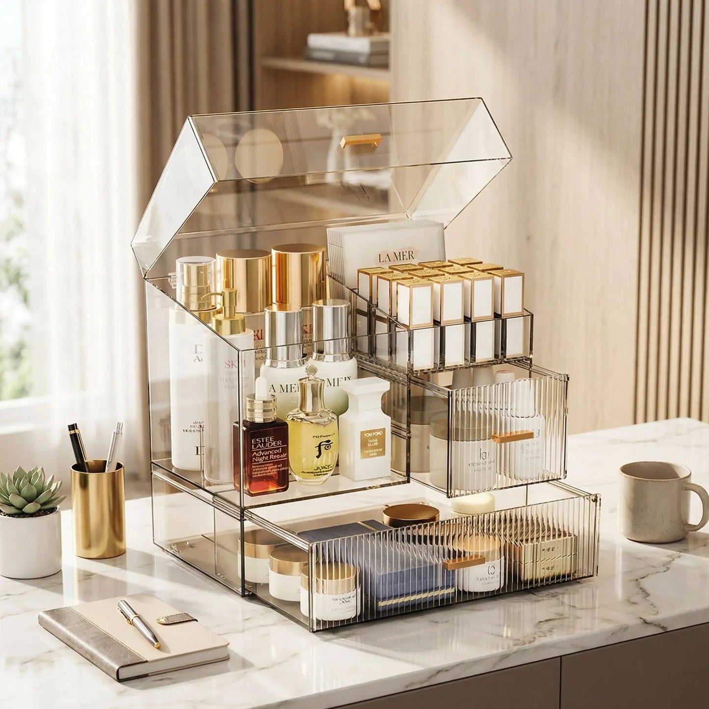 boite rangement maquillage en plastique transparent avec des produits