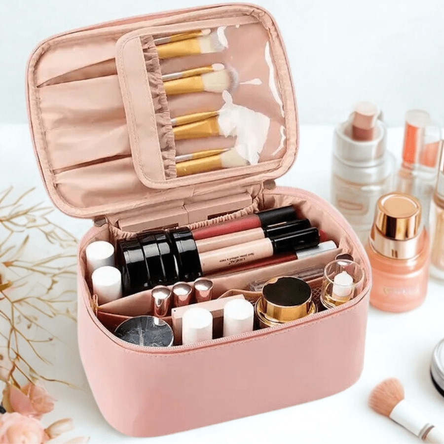 Grande trousse de toilette rose en cuir pu cosmétique