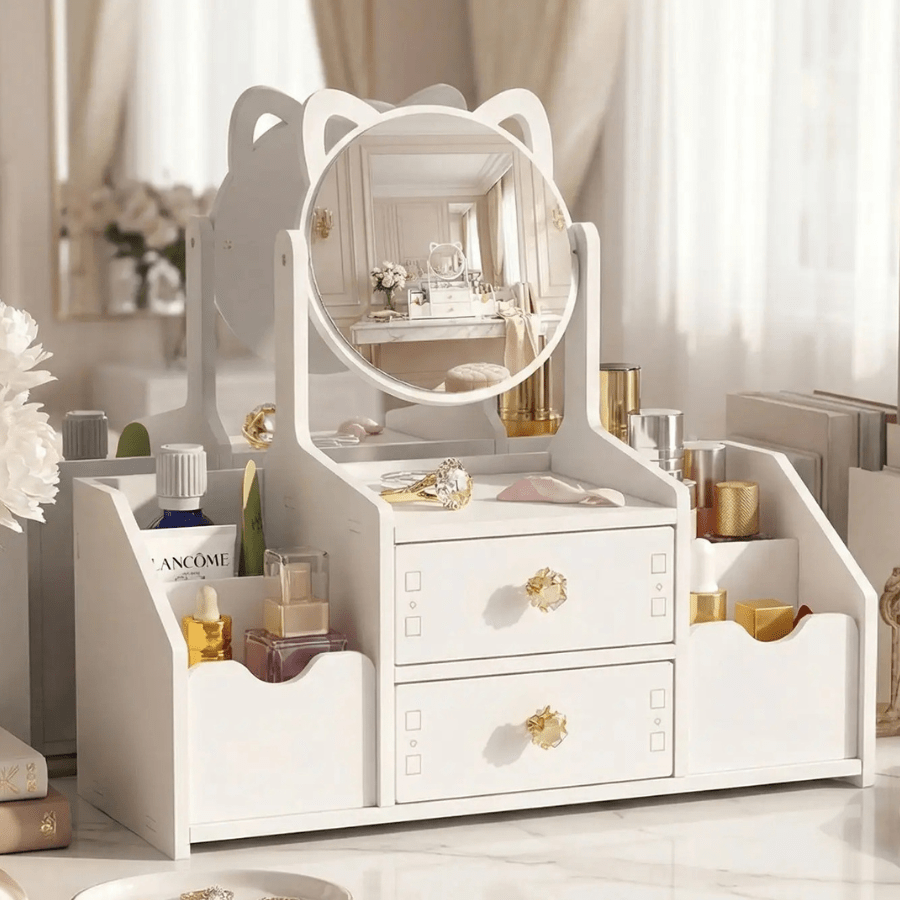 maquillage organisateur lanc pur avec miroir rond et tiroirs