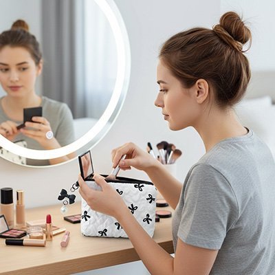 petite Trousse maquillage sur bureau coiffeuse