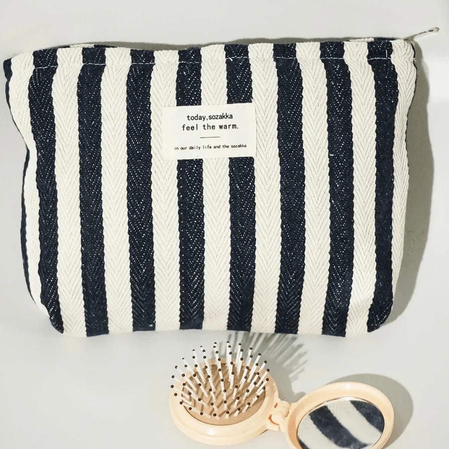 pochette maquillage en coton tissé rayure noir