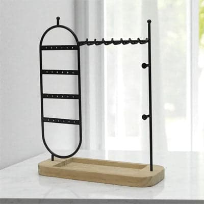 porte bijoux plateau bois avec support métal noir