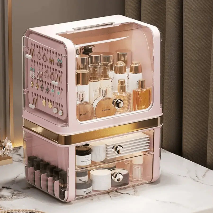 Rangement Maquillage rose avec ses produits
