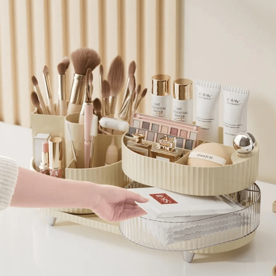 Rangement maquillage beige tiroir rotatif
