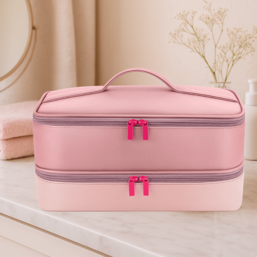 sac de rangement rose pour coiffure deux étages