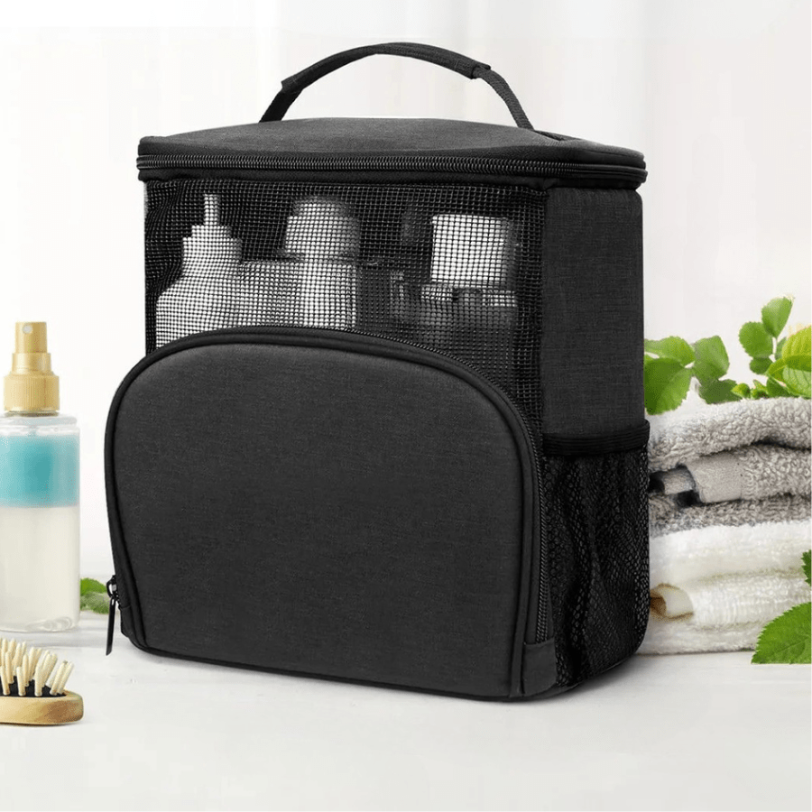 Trousse de toilette à suspendre noir avec pochette sur le côté
