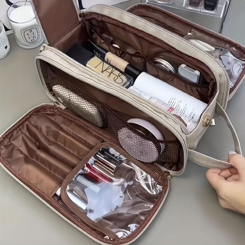 Trousse de toilette femme grande ouverture sur le dessus, deux pochettes sur côté