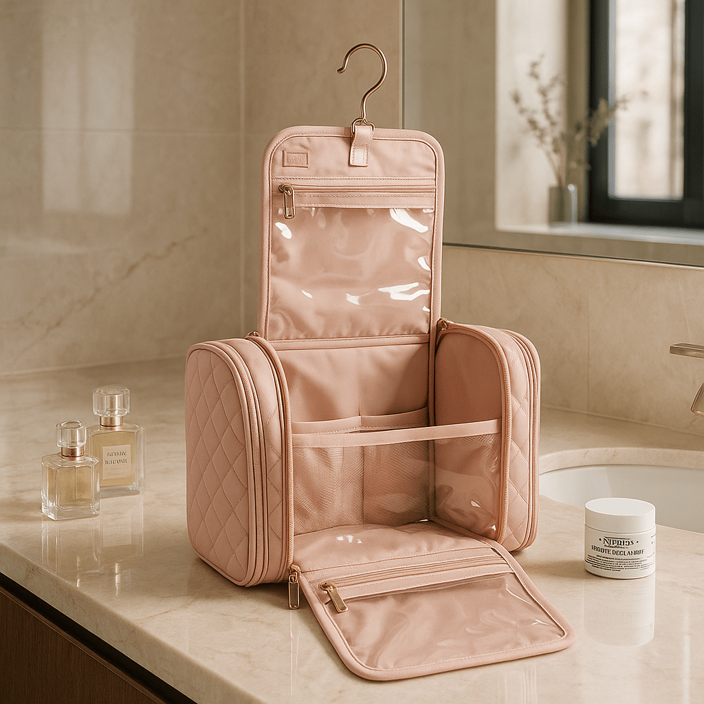 Trousse de toilette femme luxe rose avec crochet suspendre