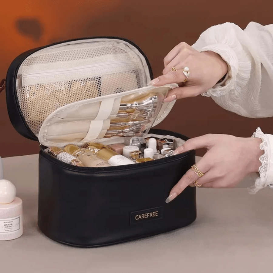 Trousse de toilette femme noir en similicuir ovale