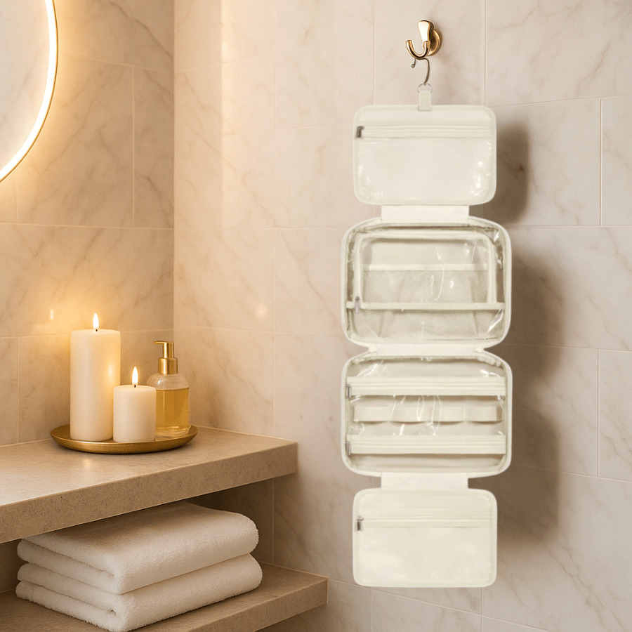 Trousse de toilette femme voyage beige suspensu