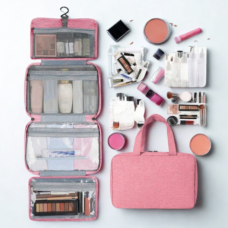 Trousse de toilette avec crochet et compartiement de rangement produits cosmétique