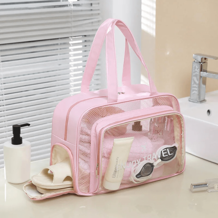 trousse de voyage rose plastique transparent