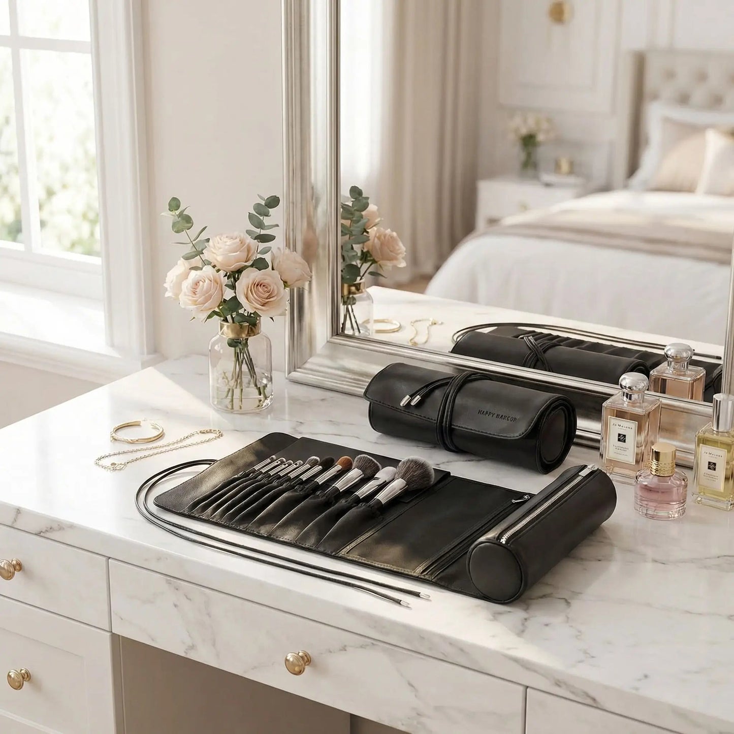 trousse pinceau maquillage sur coiffeuse de femme