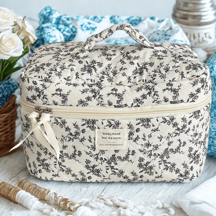 trousse de maquillage large fleur noir avec poignée dessus
