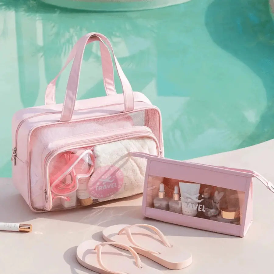 trousses de toilette voyage rose transparente