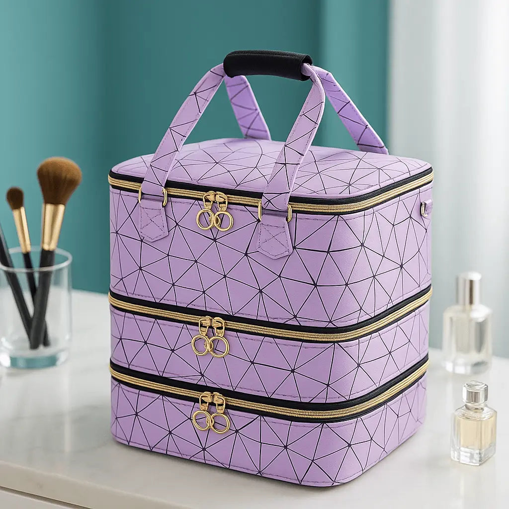 Valise maquillage professionnel violet trois étages de rangement
