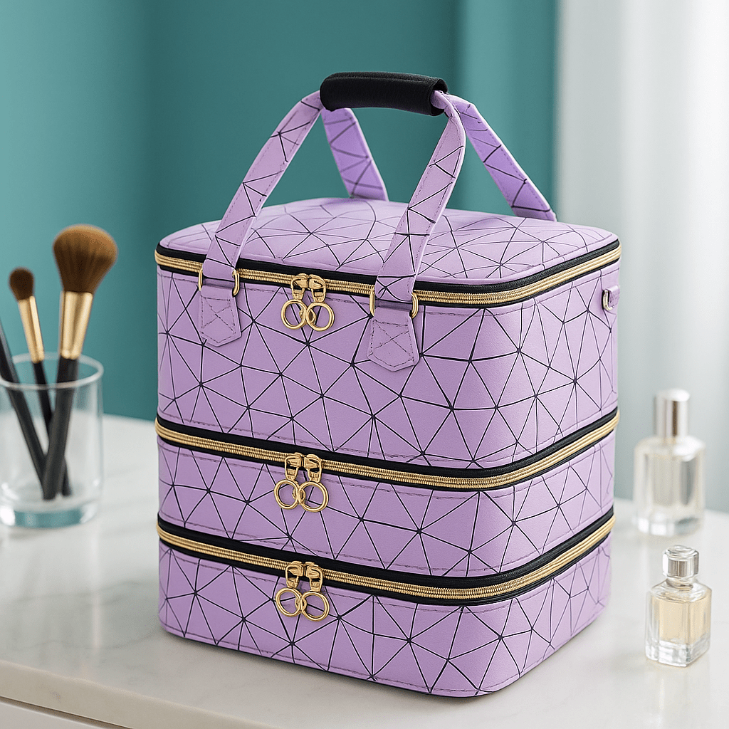 Valise maquillage professionnel violet trois étages de rangement