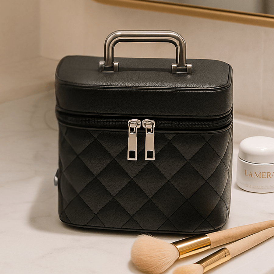 Valise maquillage professionnel chic noir en silimi cuir avec poignée