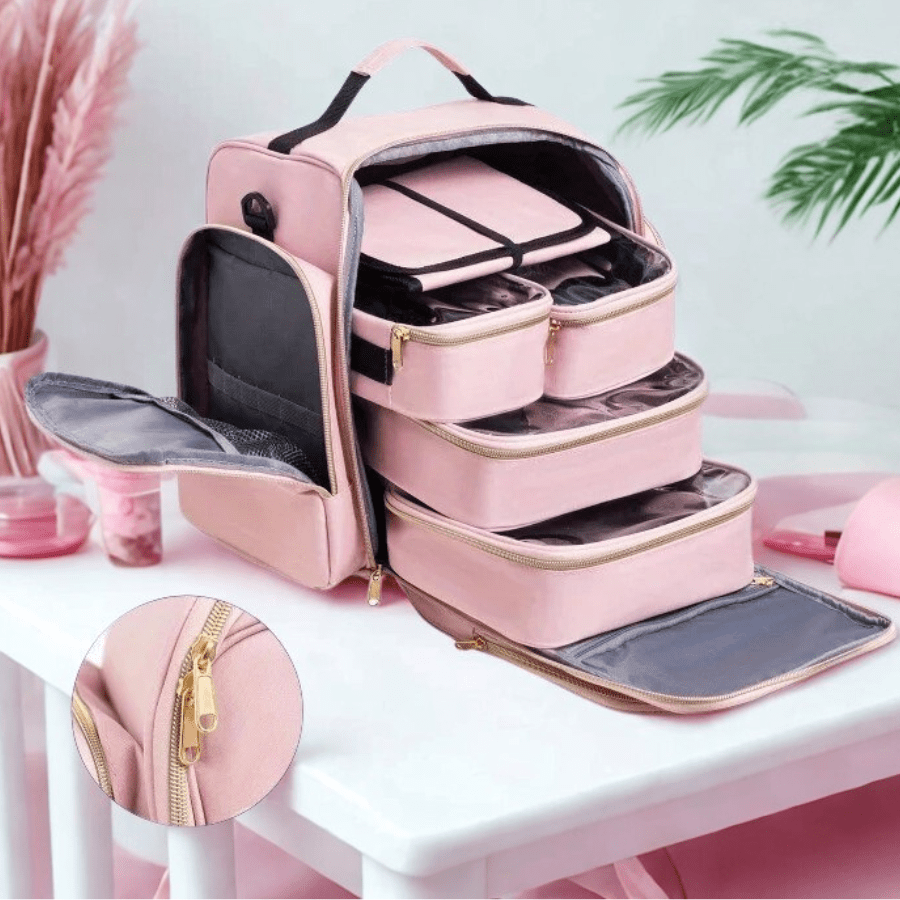 Valise maquillage professionnel rose fermerture éclair rangement intérieur