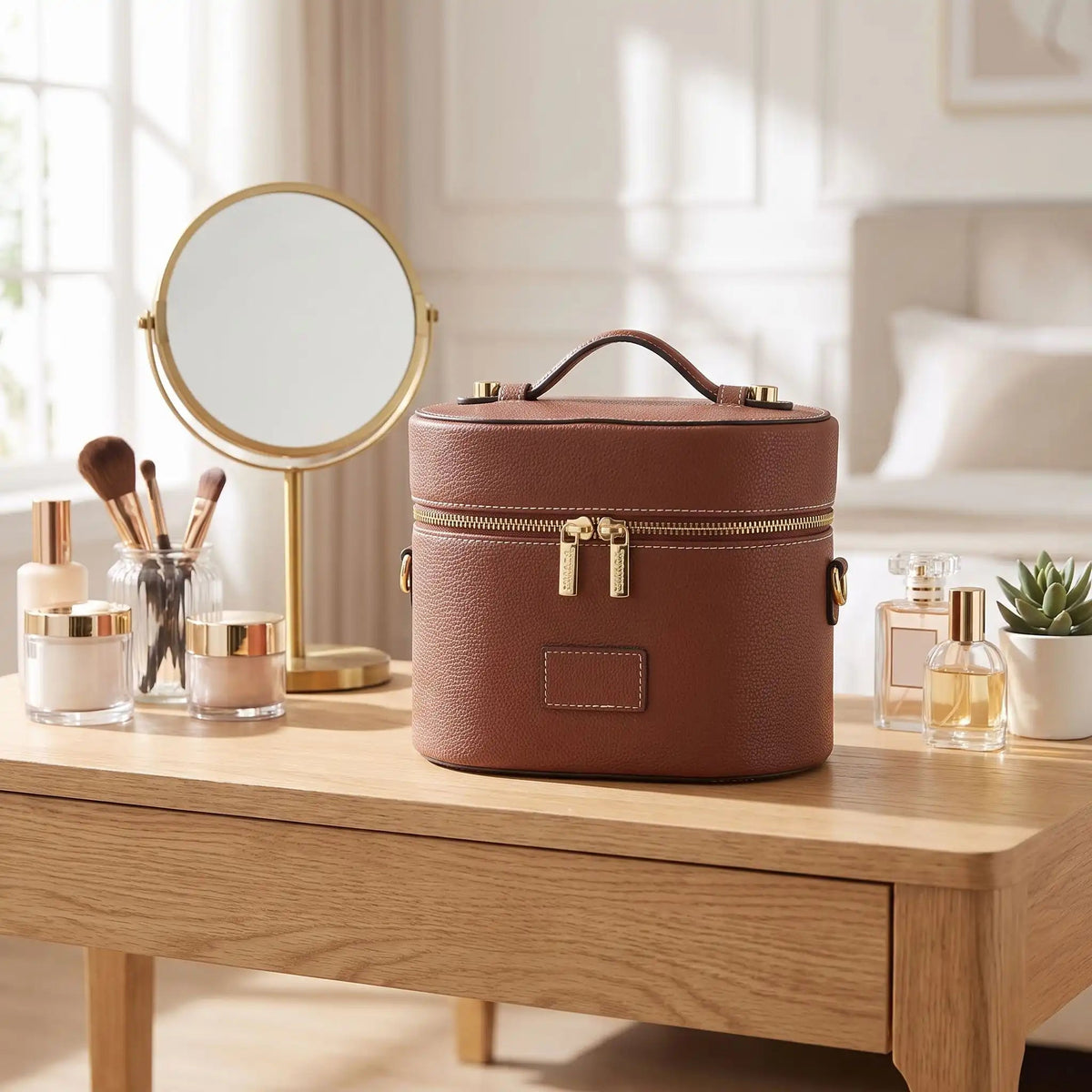 vanity case en cuir marron sur bureau cosmétique