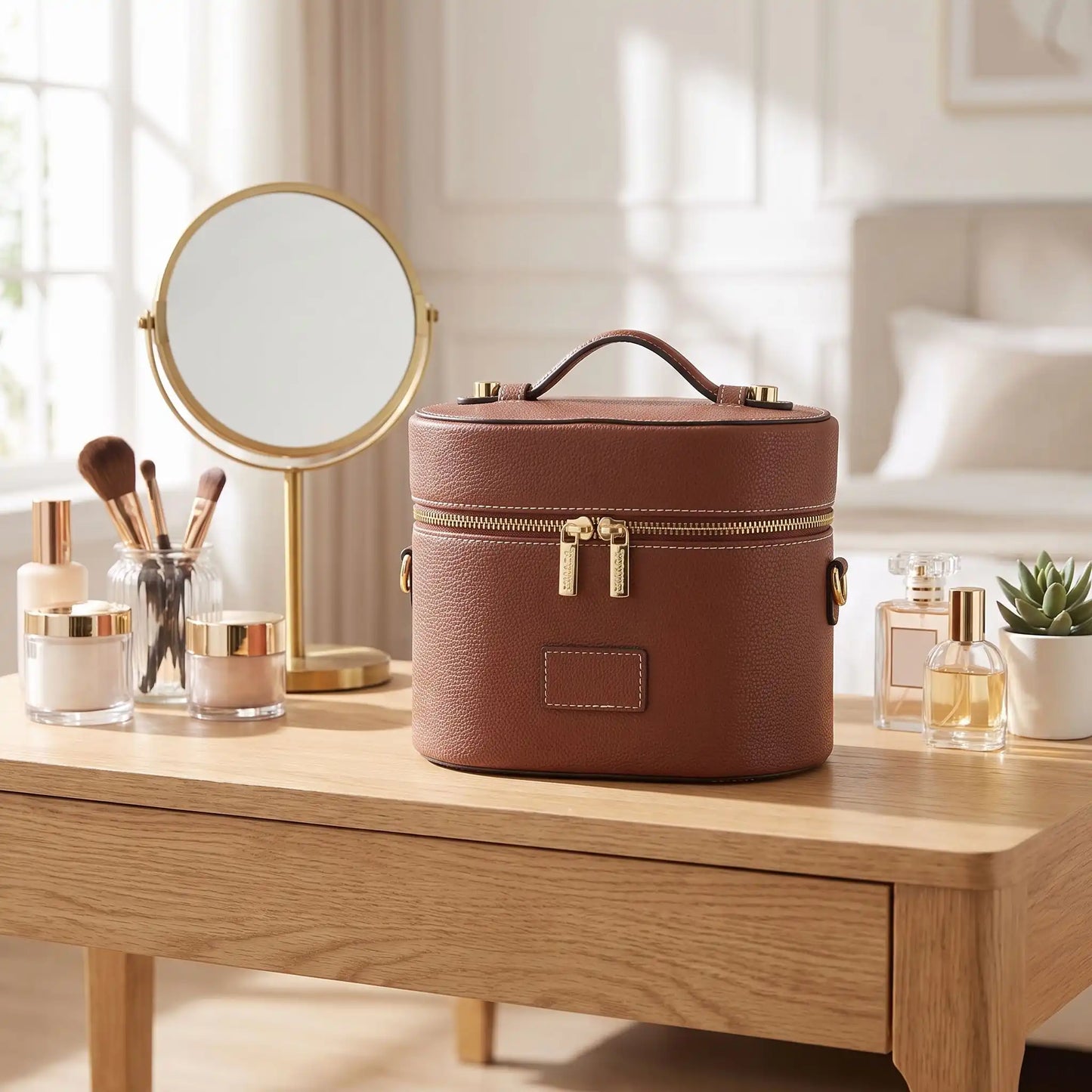 vanity case en cuir marron sur bureau cosmétique