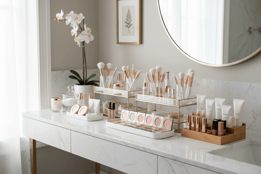 rangement maquillage sur une table blanche chic élégant