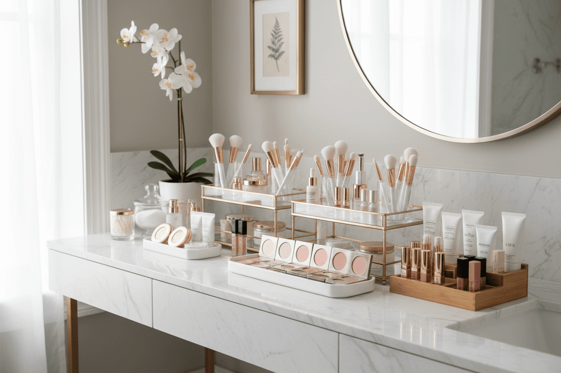 rangement maquillage sur une table blanche chic élégant