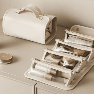 trousse de maquillage beige dépliante