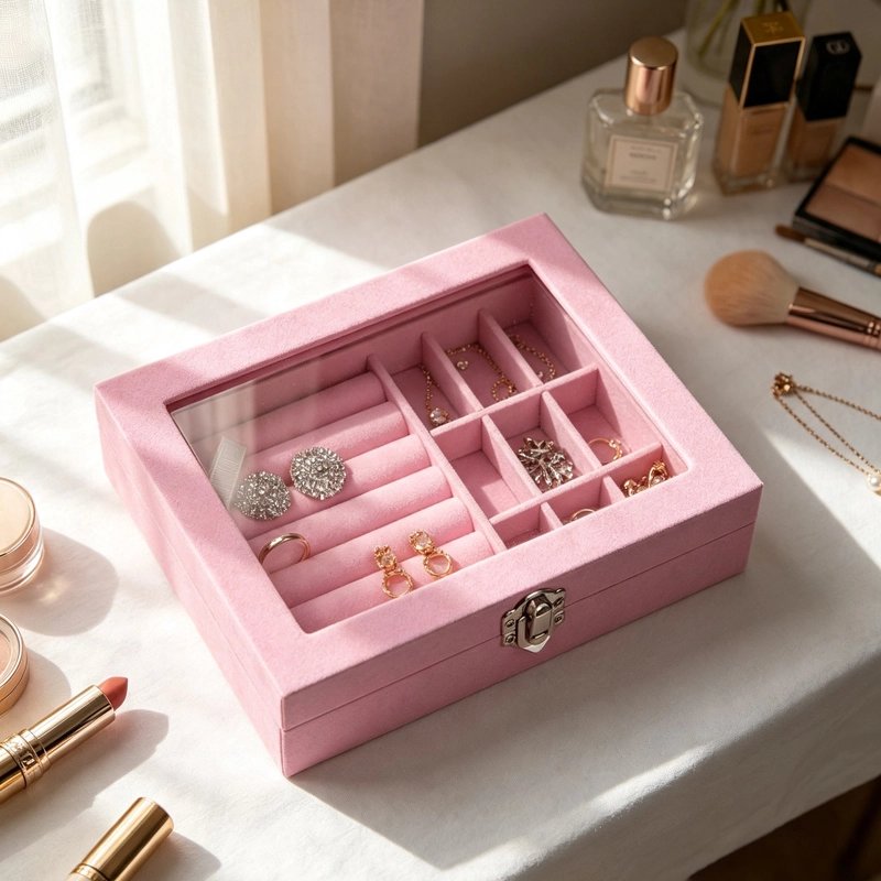 Boite à bijoux rose avec fenêtre