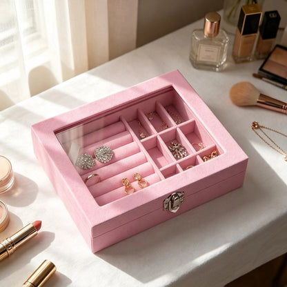 Boite à bijoux rose avec fenêtre