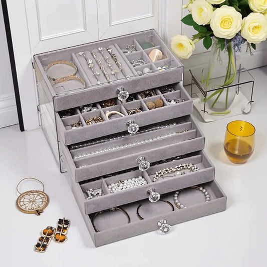 Boite à bijoux cinq tiroirs velours gris