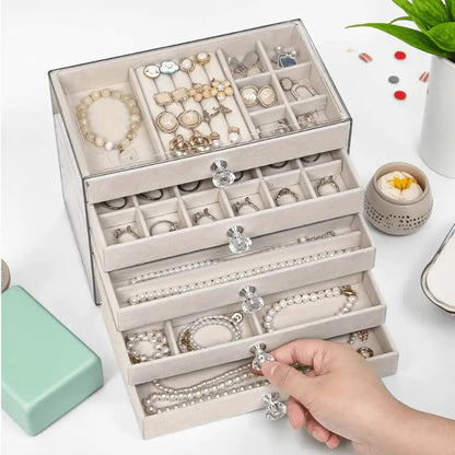Boite à bijoux beige velours cinq tiroirs