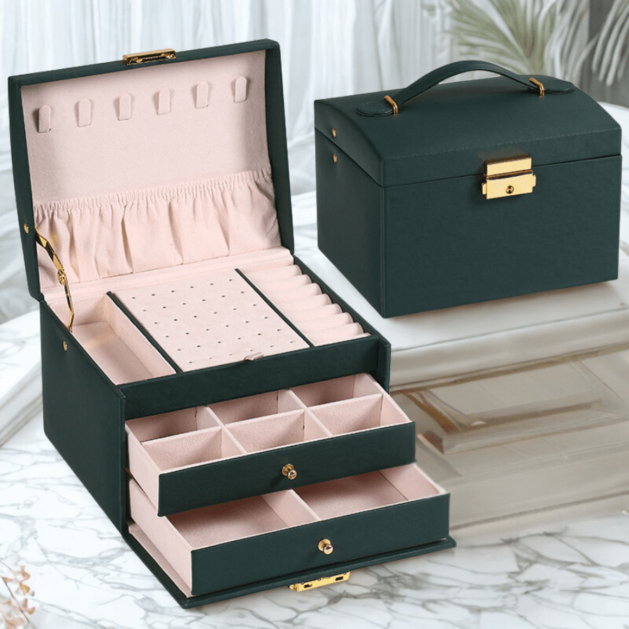 Boite à bijoux vert avec deux tiroirs avec serrure