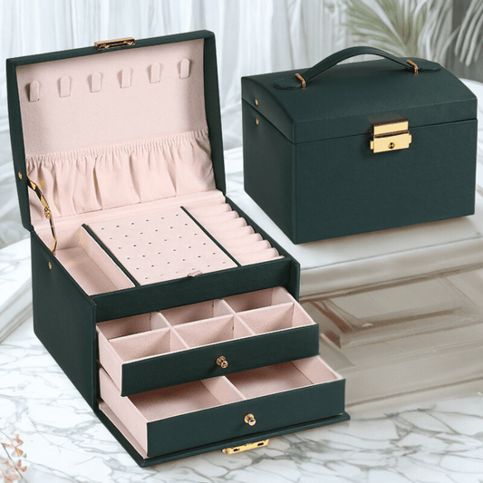Boite à bijoux vert avec deux tiroirs avec serrure