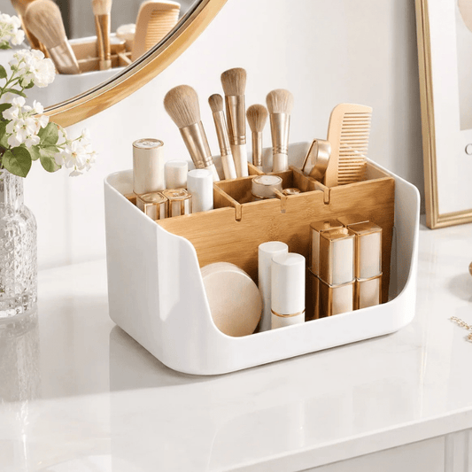 boîte à maquillage blanc et bois naturelle bambou