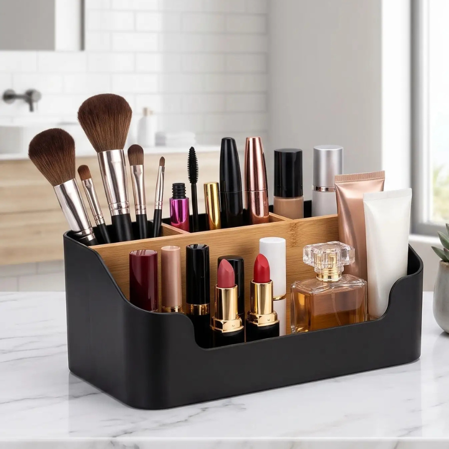 boîte à maquillage noir plastique et bambou