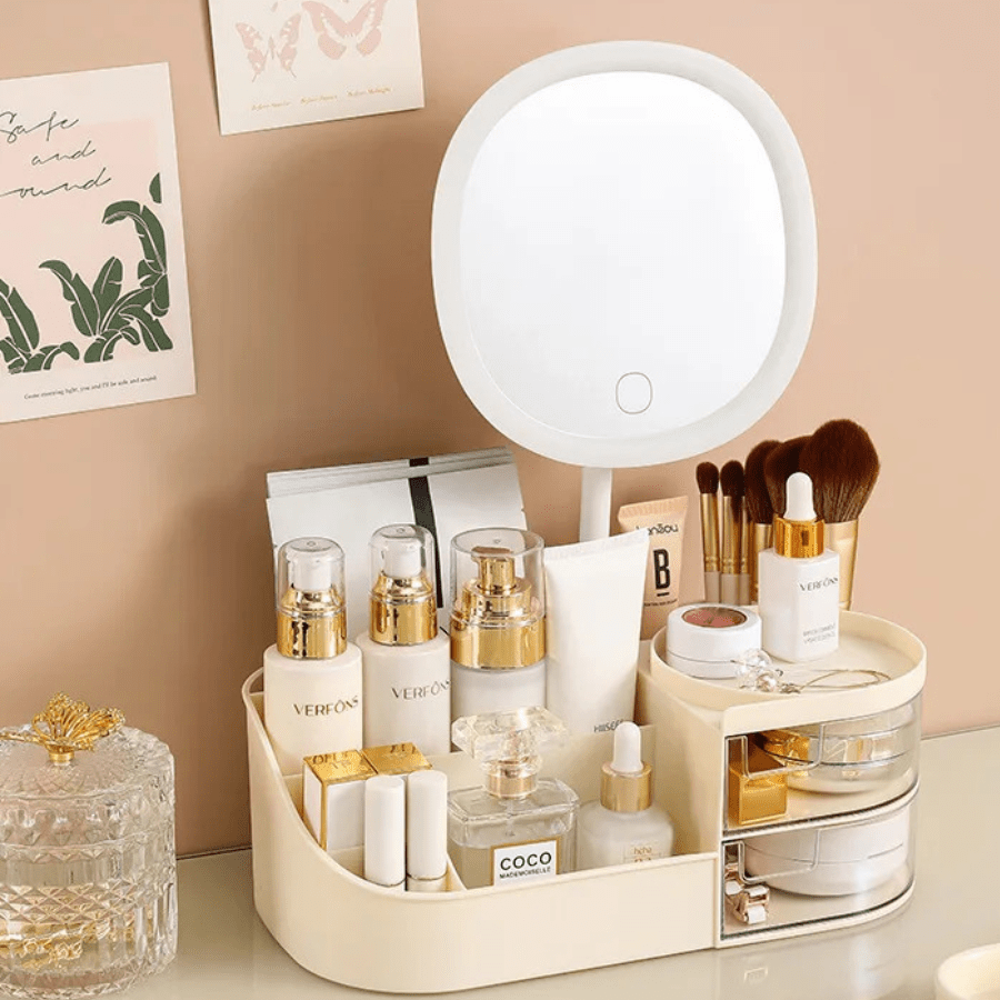 boite à rangement maquillage beige miroir led