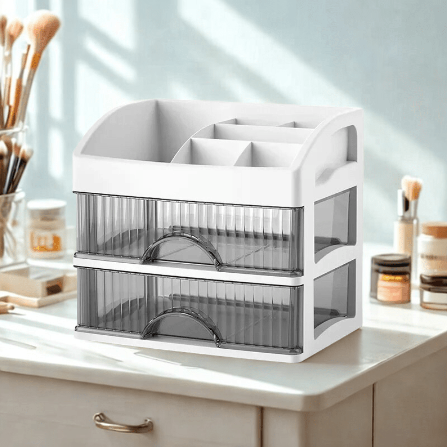 Boite à rangement maquillage deux étages blanc et tiroir transparent