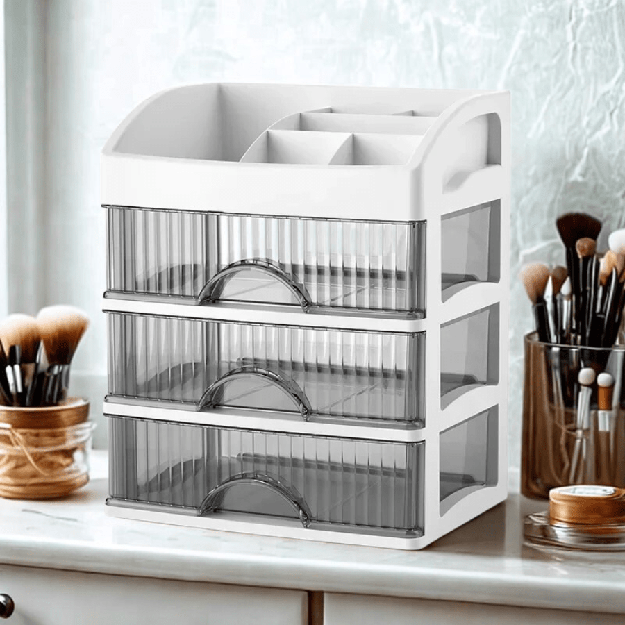 Boite à rangement maquillage trois étages blanc transparent