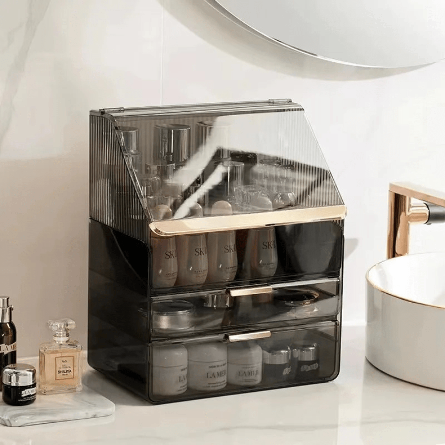 boite pour ranger maquillage noir transparent avec bordure or