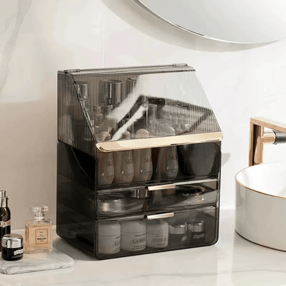 boite pour ranger maquillage noir transparent avec bordure or