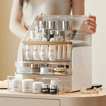 boite pour ranger maquillage avec bordure or couvercle et tiroirs