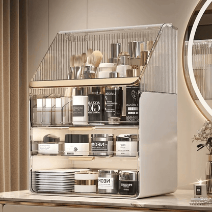 boite pour ranger maquillage beige avec tiroir et dessus couvercle