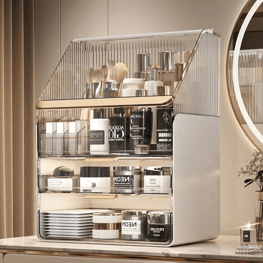 boite pour ranger maquillage beige avec tiroir et dessus couvercle