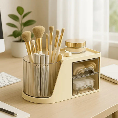 Boite rangement maquillage beige en plastique avec pot à pinceaux