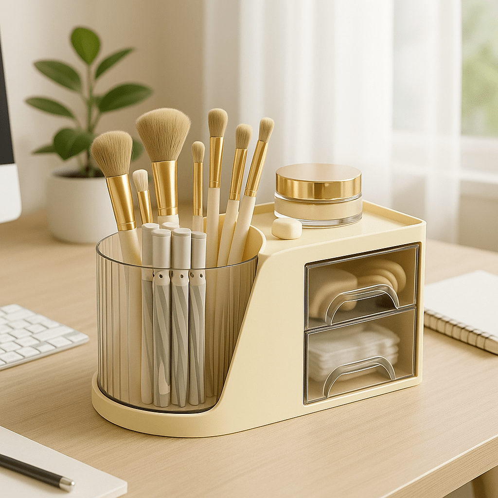 Boite rangement maquillage beige en plastique avec pot à pinceaux