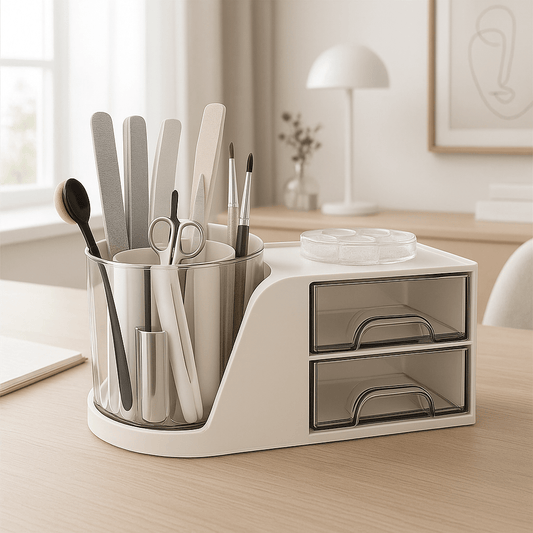 Boite rangement maquillage blanc en plastique avec deux tiroirs